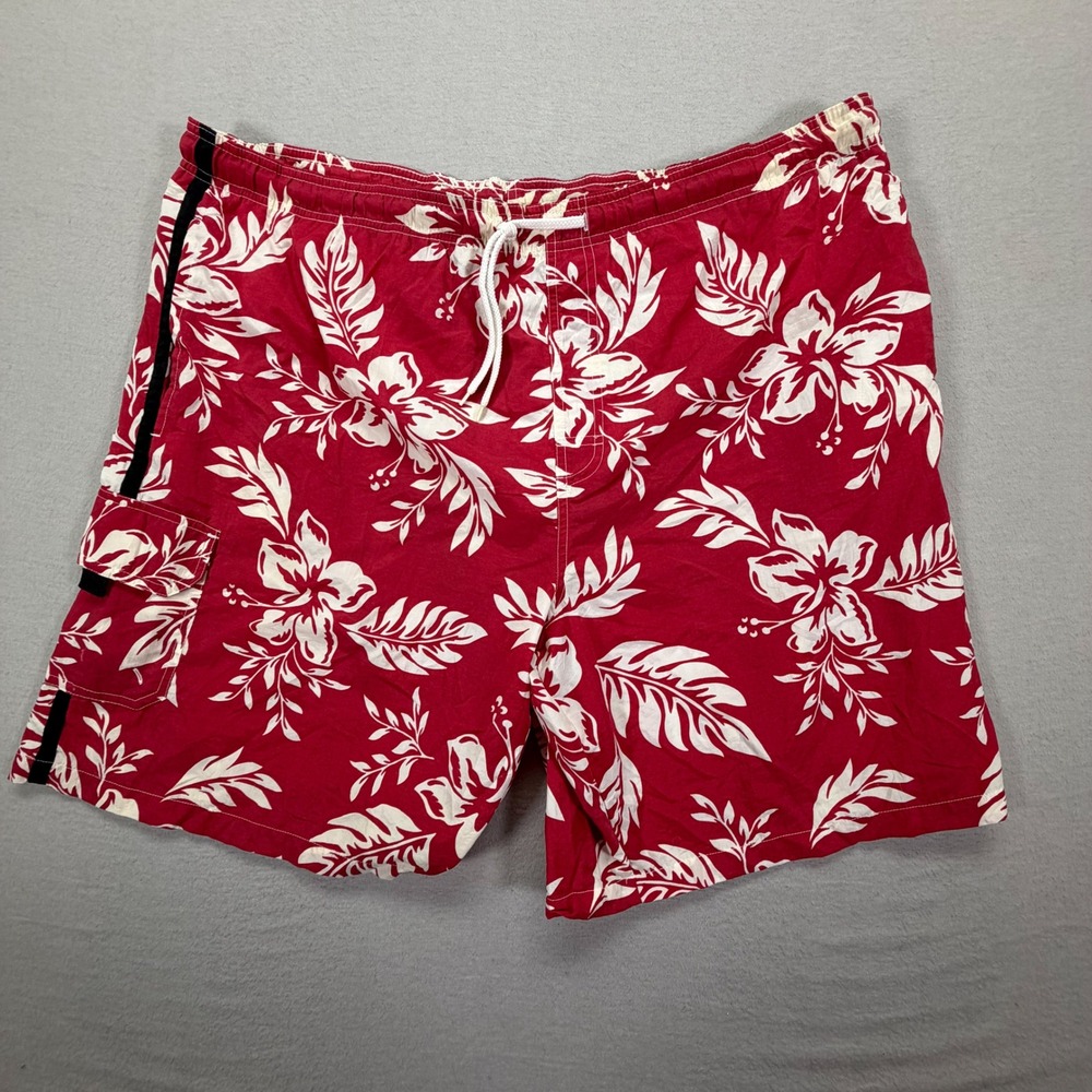 Castaways Swim Trunks Mens XL Good Red Hibiscus Floral Cargo Pocket Board Shorts